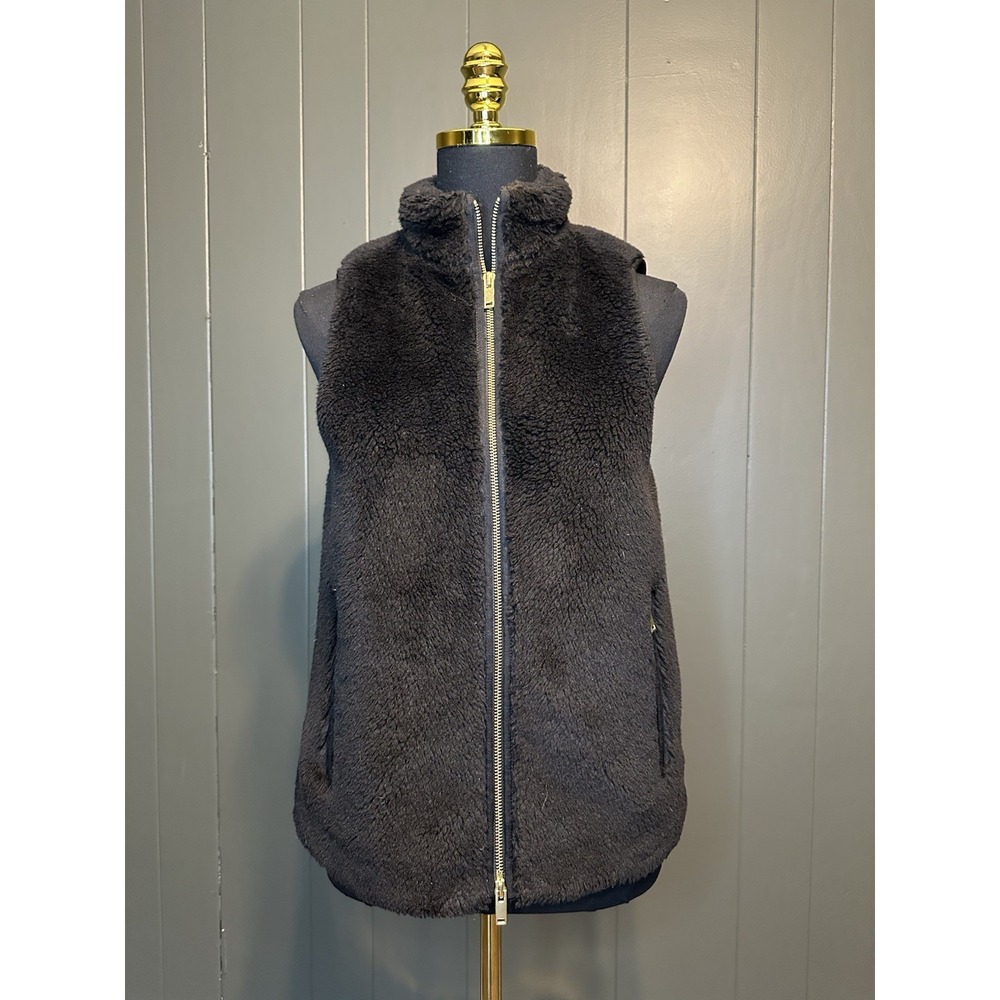 J. Crew plush fleece excursion vest XXS black Faux fur Gold zipper jacket $120 r
